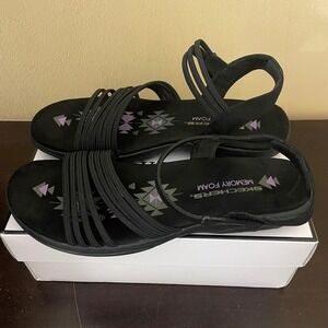 Skechers Memory Foam Strappy Sandals Black Women Ankle Strap Comfort Shoes